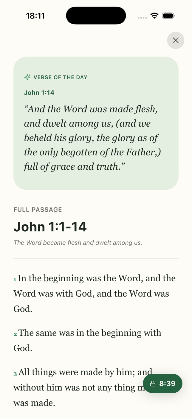 A passage open in ScriptureScroll with the reading timer running.
