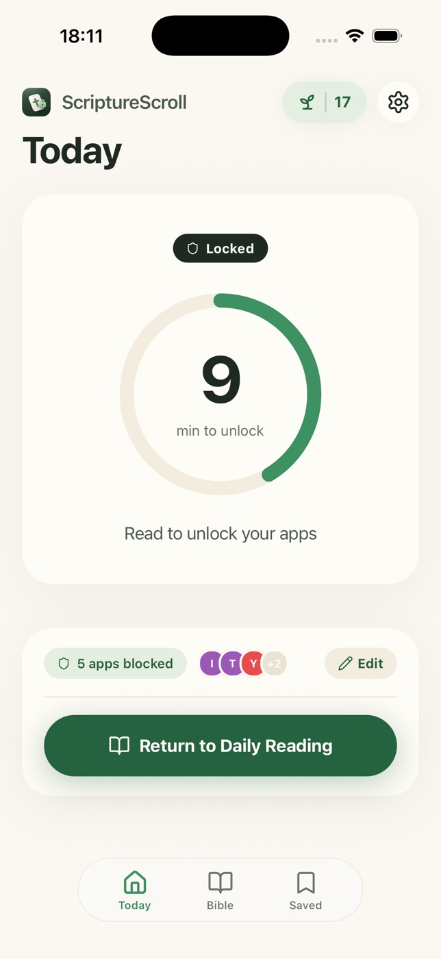 The ScriptureScroll home screen, showing today's reading progress ring and the apps currently locked.
